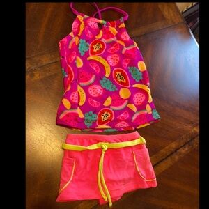 Girls' Bright Pink Tropical Fruit Tankini Set